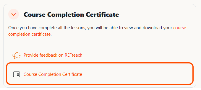 Bottom of the course page with the Course Completion Certificate link highlighted
